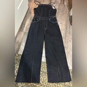 NWT ETICA Cami Halter Black Pearl Denim Jumpsuit Crop Wide Leg Size M